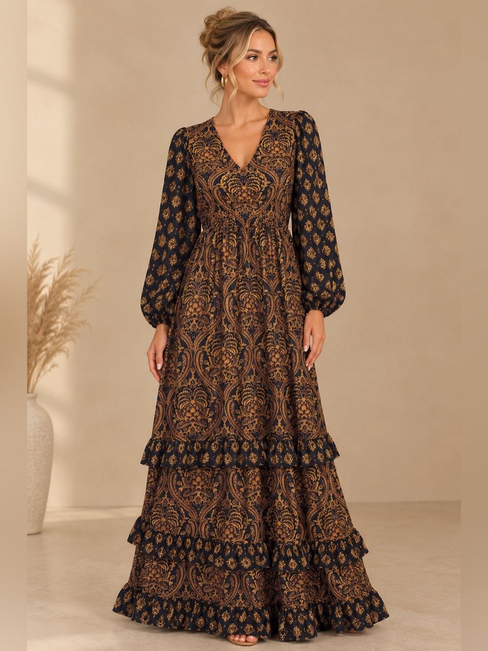 A Loves A Paisley Printed Puff Sleeve Ruffle Maxi Dress NEW Size Medium Cotton